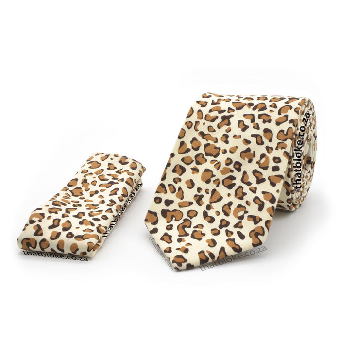 Neck Tie - Beige & Brown With Pocket Square (Leopard Skin Pattern)