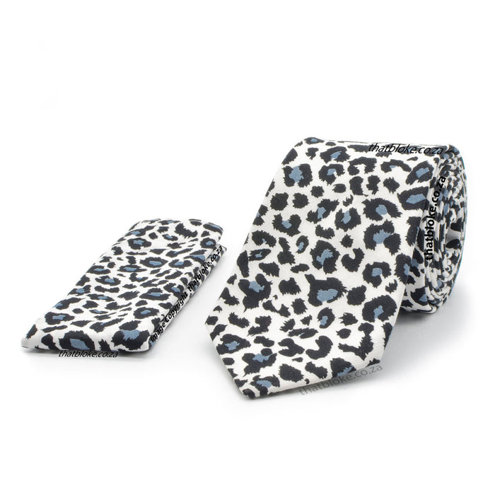 Neck Tie - White & Black With Pocket Square (Leopard Skin Pattern)