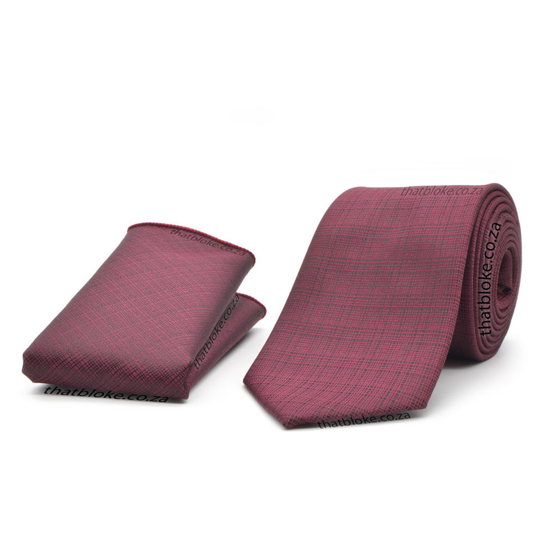 Dark Maroon Neck Tie Pocket Square Set For Men Plaid Texture Polyester