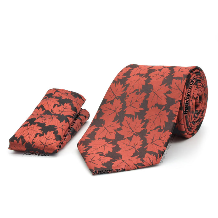 Dark Burnt Autumn Orange Neck Tie Pocket Square Set  Leaf Pattern 