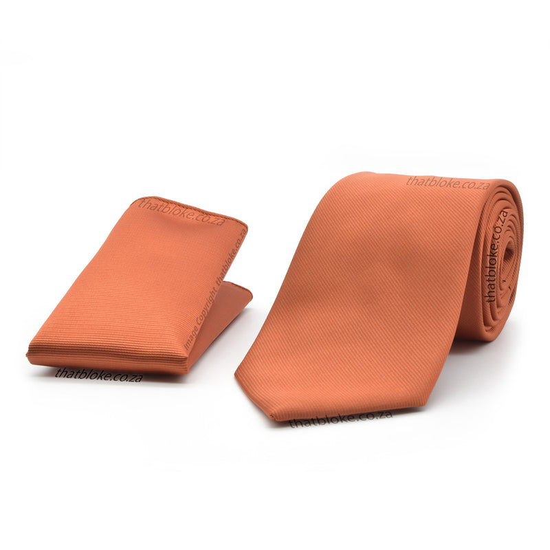 Burnt Autumn Orange Neck Tie Pocket Square Set Stripe Pattern For Men Soft Textured