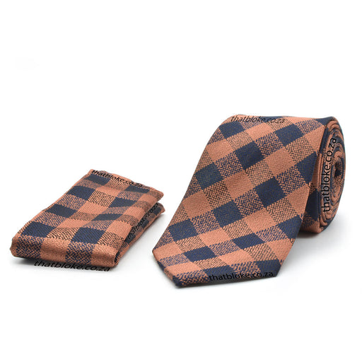 Light Copper Orange Neck Tie Pocket Square Set For men Check Pattern
