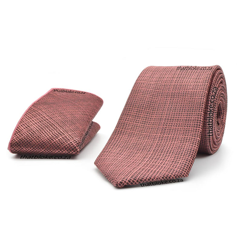 Sunkist Coral Pink Neck Tie Pocket Square Set For Men Linen Textured Polyester