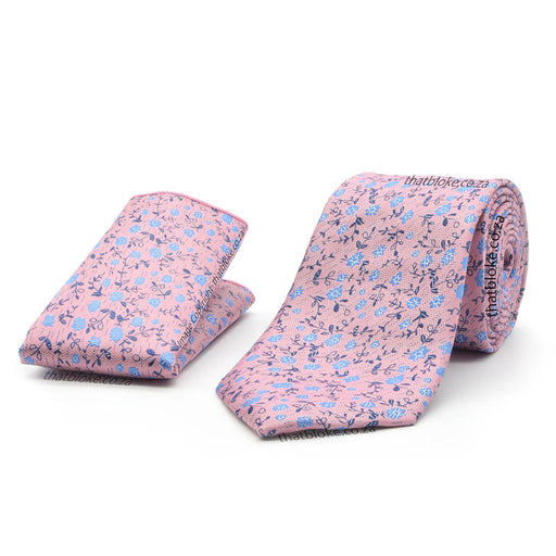 Floral Design Neck Tie Pocket Square Set Pink with Blue Roses Polyester