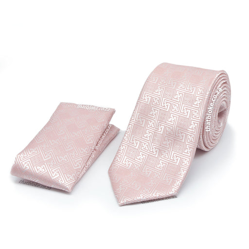 Ultra Light Pink Neck Tie Pocket Square Set For Men Maze Pattern Polyester