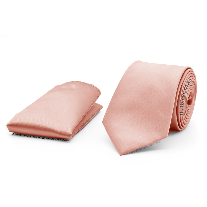 Light Peach Pink Neck Tie Pocket Square Set For Men Silky Polyester