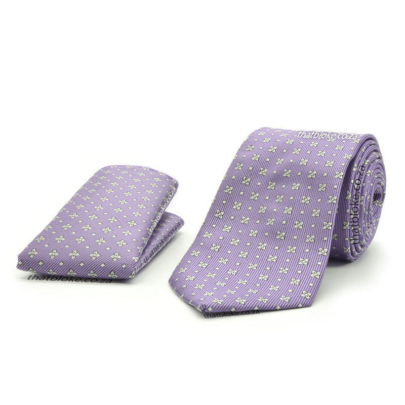 Light Lavender Purple Neck Tie Pocket Square Set Silver Geometric Pattern