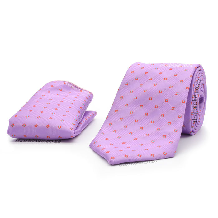 Mauve Purple Neck Tie Pocket Square Set Harlequin Pattern