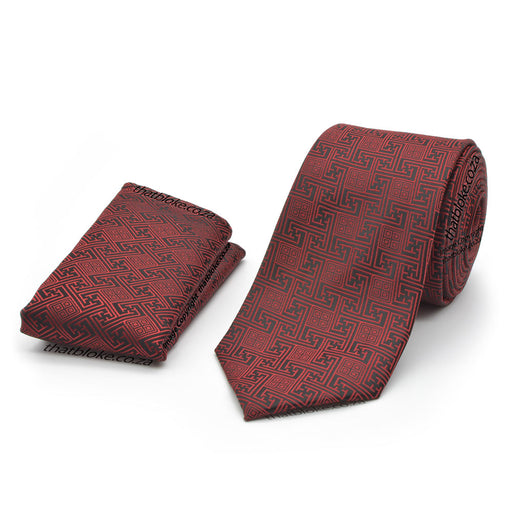 Dark Red Neck Tie Pocket Square Set Maze Pattern Polyester