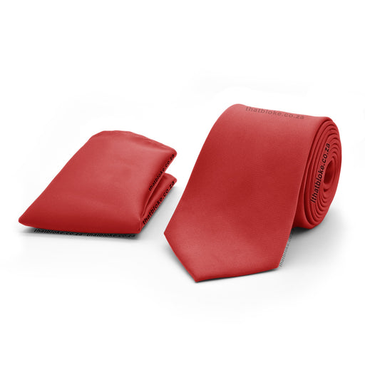 Red Neck Tie With Pocket Square For Men Silky Polyester