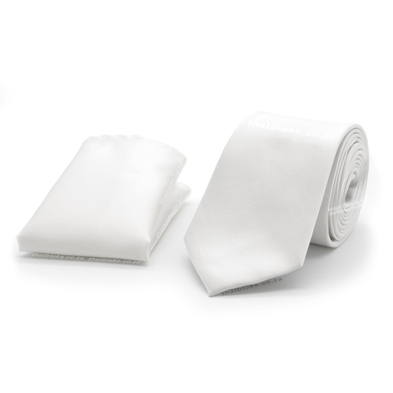 Pure White Neck Tie Pocket Square Set For Men Silky Polyester