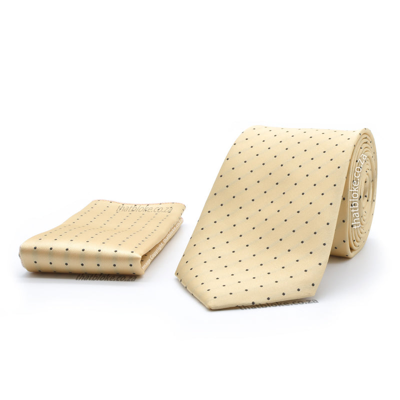 Light Eggnog Yellow Neck Tie Pocket Square Set with Dark Brown Polkadots For Men