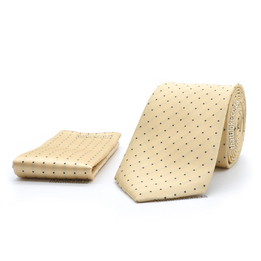 Light Eggnog Yellow Neck Tie Pocket Square Set with Dark Brown Polkadots For Men