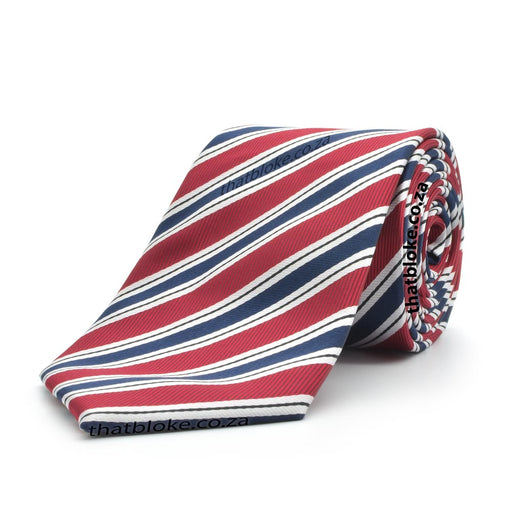 Apple Red Neck Tie For Men with a Dark Navy Blue Regimental Stripe Pattern Polyester