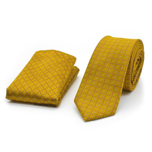 Yellow Gold Neck Tie Pocket Square Set Bronze Pattern Polyester