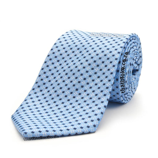 Light Blue Neck Tie For Men with Navy Blue Square Block Pattern Polyester