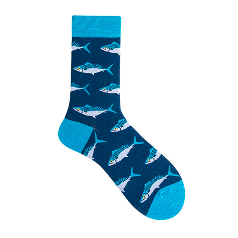Novelty Swimming Fish Socks Cotton Navy Blue Light Flat Image