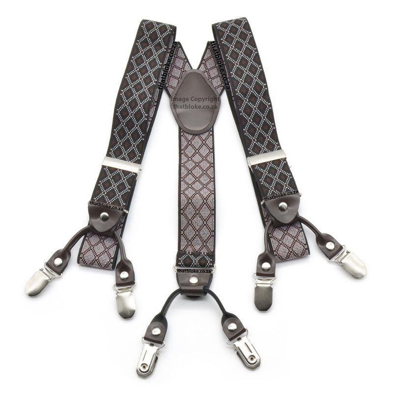 Black and Brown suspenders for men six clip Checked Pattern Elastic Polyester