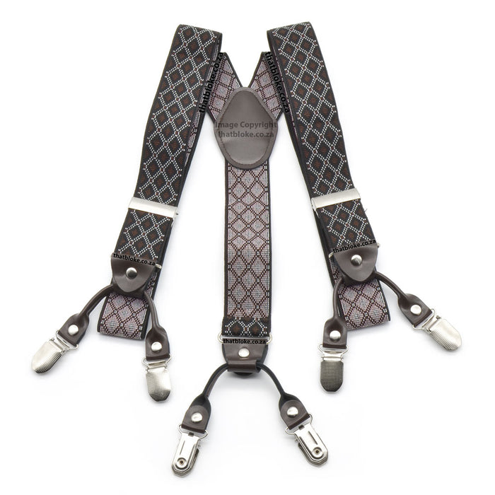 Black and Brown suspenders for men six clip Checked Pattern Elastic Polyester
