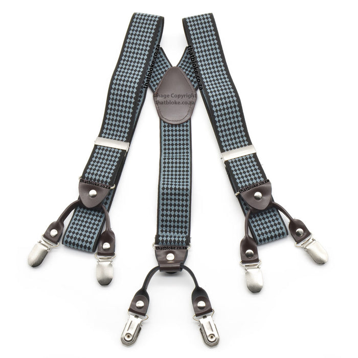 Black and Cool Grey suspenders for men six clip Small Checked Pattern Elastic Polyester