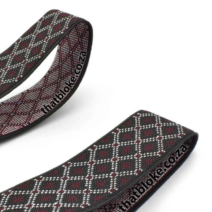 Suspenders Six Clip - Black & Maroon Checked Style Pattern