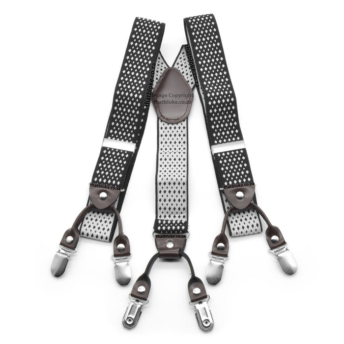 Black and White suspenders for men six clip Small Checked Diamond Pattern Elastic Polyester