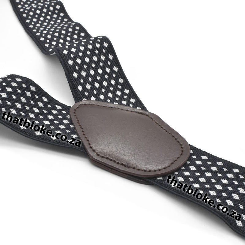 Suspenders Six Clip - Black & White Small Checked Diamond Pattern