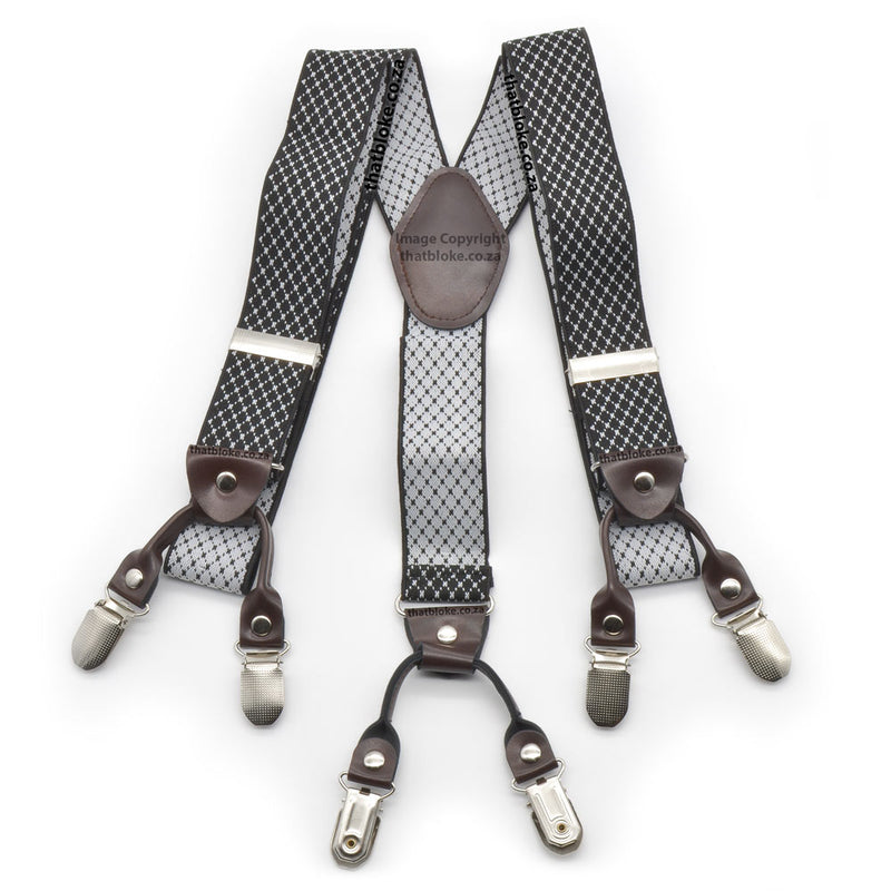 Black and White suspenders for men six clip Small Checked Pattern Elastic Polyester