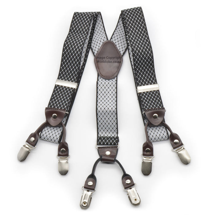 Black and White suspenders for men six clip Small Checked Pattern Elastic Polyester