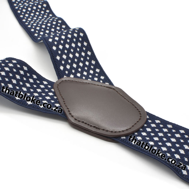 Suspenders Six Clip - Blue Navy & White Small Checked Diamond Pattern