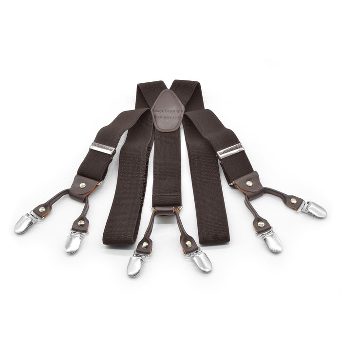 Dark Chocolate Brown Suspenders For Men Six Clip Elastic Polyester
