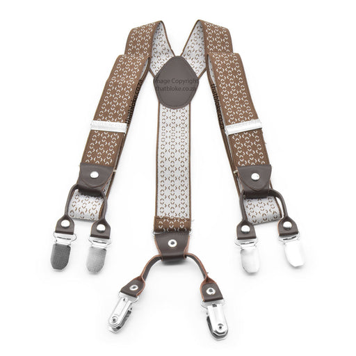Light Chocolate Brown Suspenders For Men Six Clip Elastic Polyester With Arrow Pattern