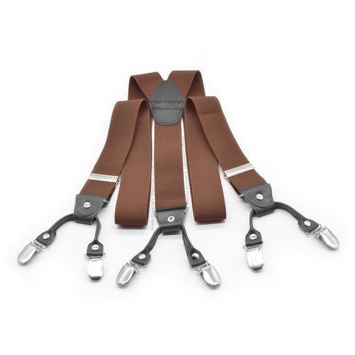 Six Clip Rich Light Chocolate Brown Suspenders With Black End Straps Elastic Polyester