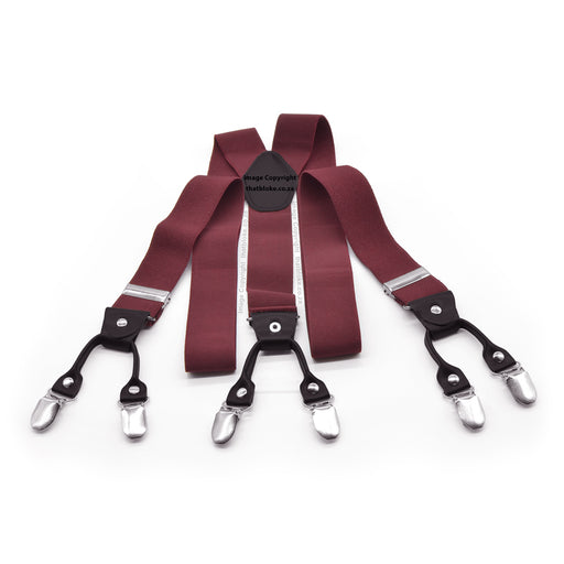 Six Clip Maroon Suspenders Elastic Polyester with black end-straps