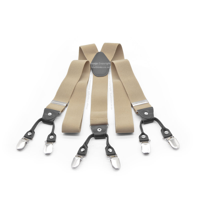 Six Clip Stone Beige Suspenders with Black Straps Elastic Polyester