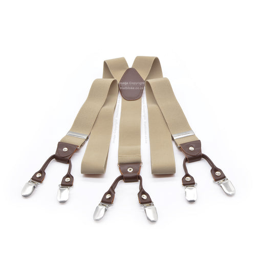 Six Clip Stone Beige Suspenders with Brown Straps Elastic Polyester