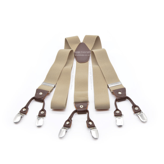 Six Clip Stone Beige Suspenders with Brown Straps Elastic Polyester