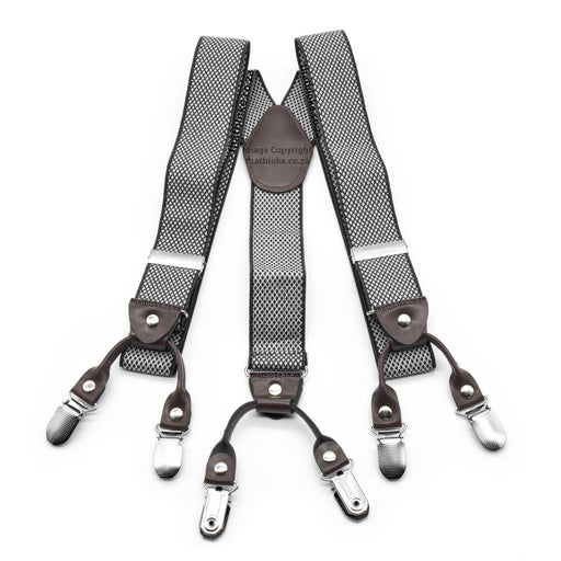 White and Black suspenders for men six clip Small Checked Pattern Elastic Polyester