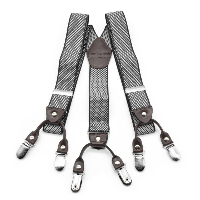 White and Black suspenders for men six clip Small Checked Pattern Elastic Polyester