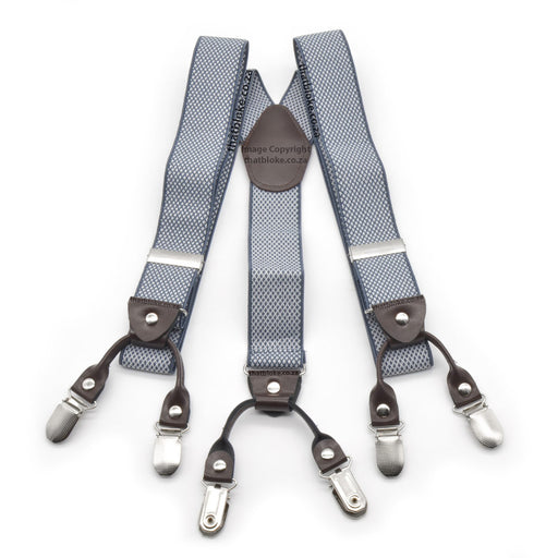 White and Light Dusty Blue suspenders for men six clip Small Checked Pattern Elastic Polyester