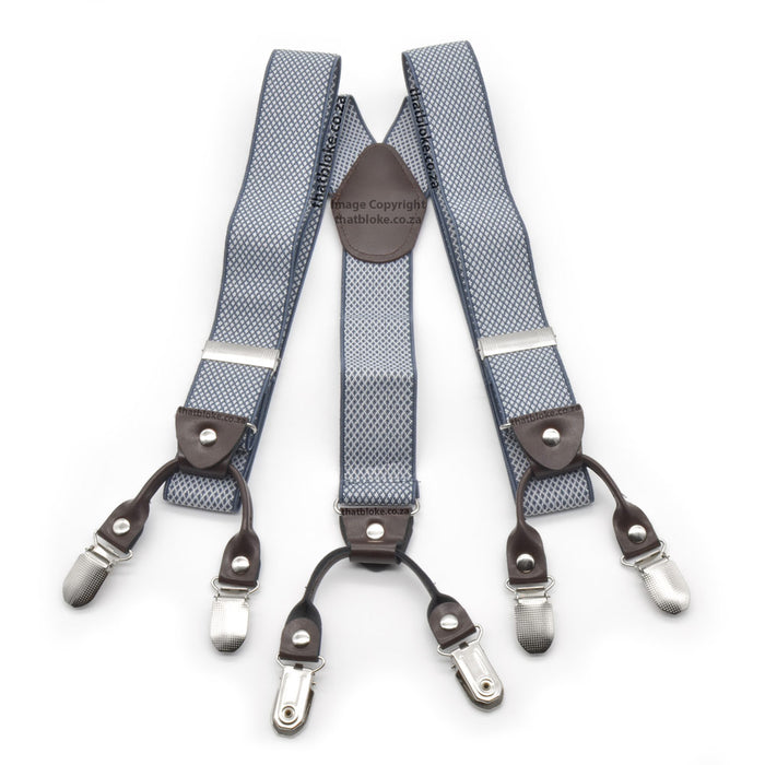 White and Light Dusty Blue suspenders for men six clip Small Checked Pattern Elastic Polyester