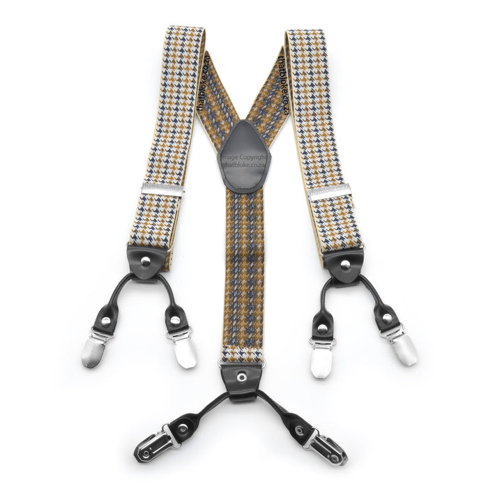 White suspenders for men six clip Houndstooth Pattern Elastic Polyester