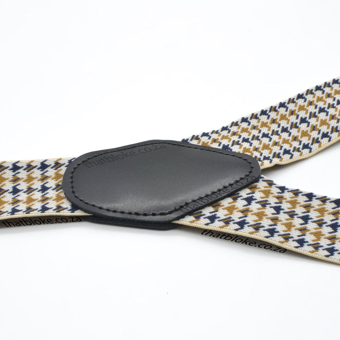 Suspenders Six Clip - White & Caramel Brown Houndstooth Pattern