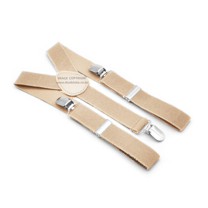 Stone Beige Suspenders For Kids Age 4 to 7 Elastic Polyester Three Clip