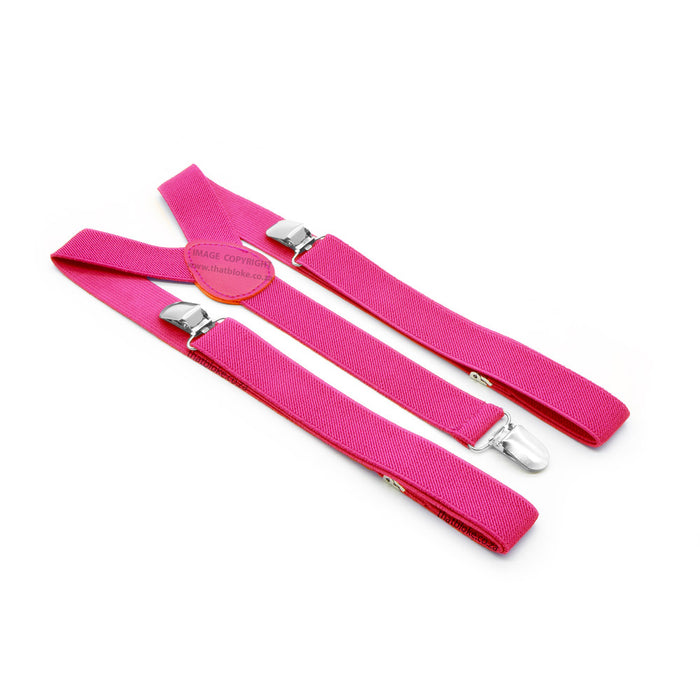 Three Clip Bright Cerise Pink Suspenders For Men Elastic Polyester