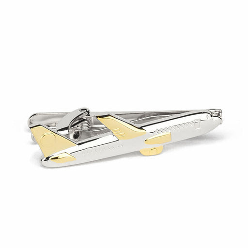Aeroplane Airplane Jumbo Jet Tie Clip Silver and Gold Image Front