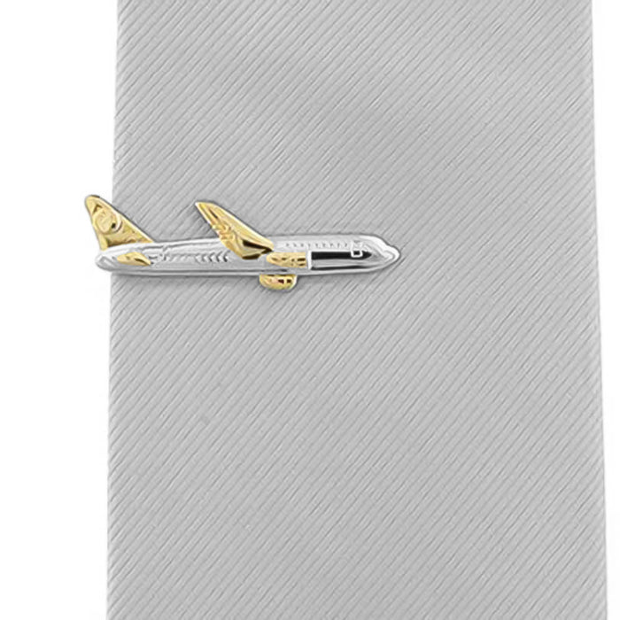 Aeroplane Airplane Jumbo Jet Tie Clip Silver and Gold Image On Tie