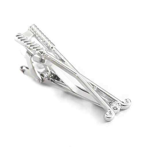Long Crossed Golf Clubs Tie Clip Silver Front View