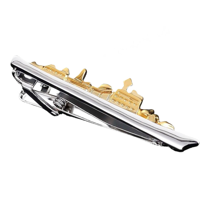 Gold and Silver Ship Tie Clip For Men Navy Vessel Top View