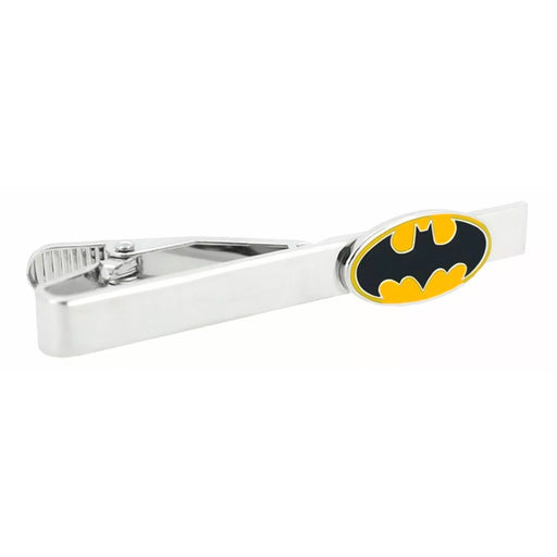 Batman Tie Clip Silver Black and Yellow Oval Superhero Image Front